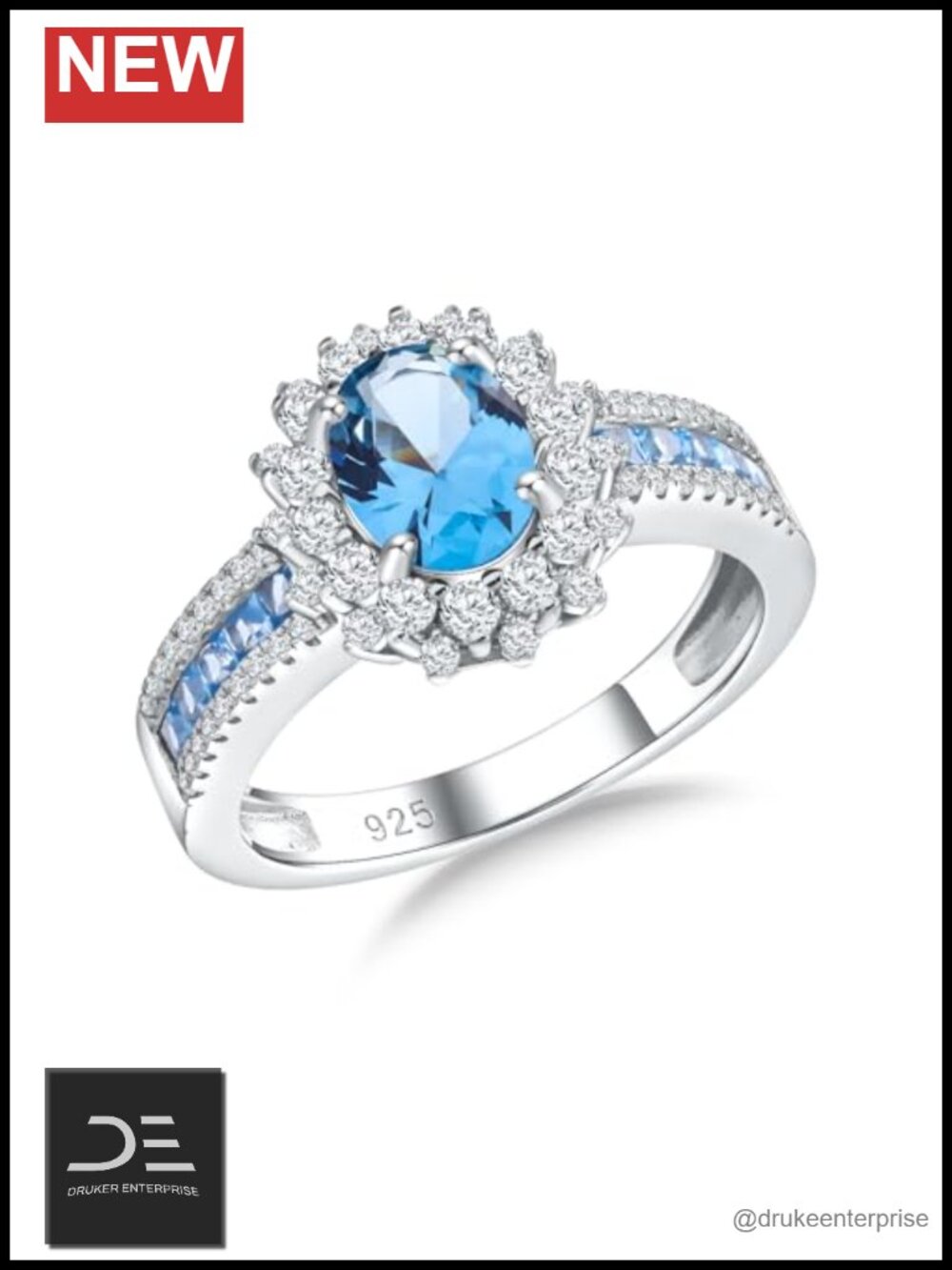 Sterling Silver Oval Halo Cocktail Ring Blue Topaz Prong Setting Women's